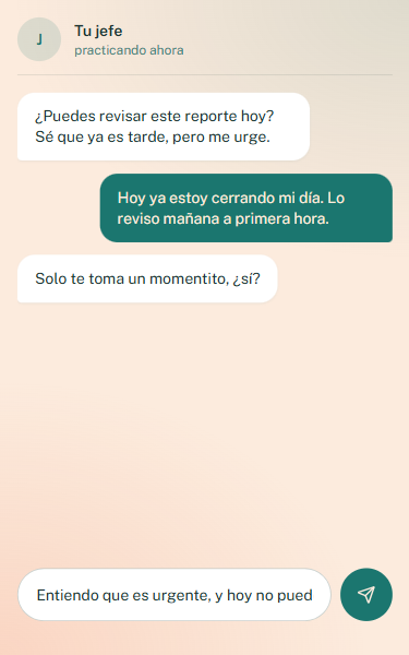 Chat de práctica con el avatar, diciendo que no con calma